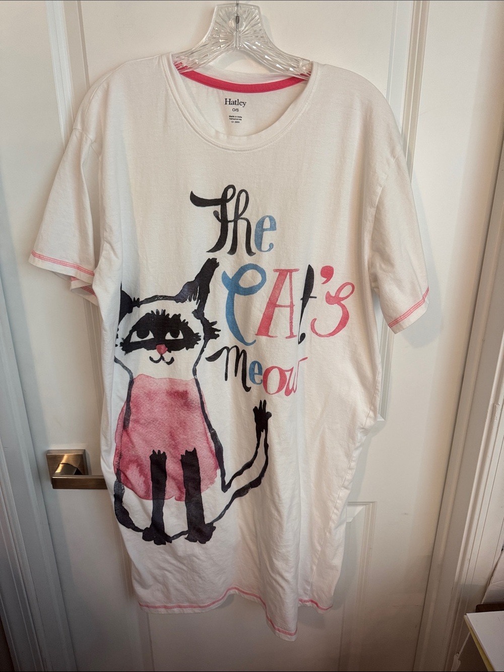 Hatley White Tee with Pink & Blue Cat Graphic Night Shirt